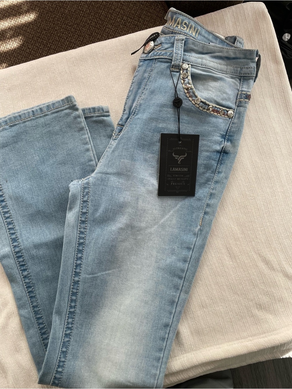 LAMASINI Light Blue Boot Cut Jeans with Embellished Pocket
